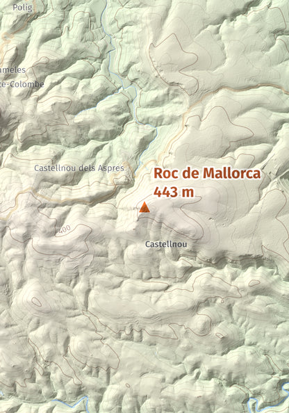 Mapa de relieve de Roc de Mallorca, 443 m, Rosselló, lámina 100 Cims de Trobart. Detalle de la zona central. 21 × 30 cm.