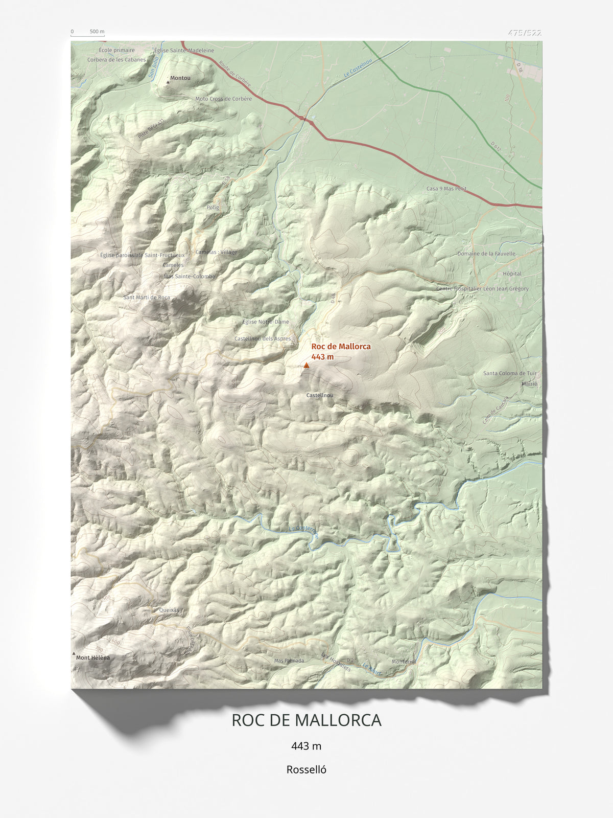Mapa de relieve de Roc de Mallorca, 443 m, Rosselló, lámina 100 Cims de Trobart 30 × 40 cm.