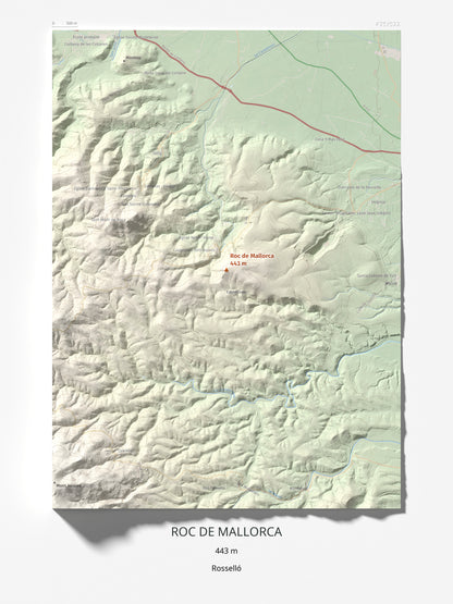 Mapa de relieve de Roc de Mallorca, 443 m, Rosselló, lámina 100 Cims de Trobart 30 × 40 cm.