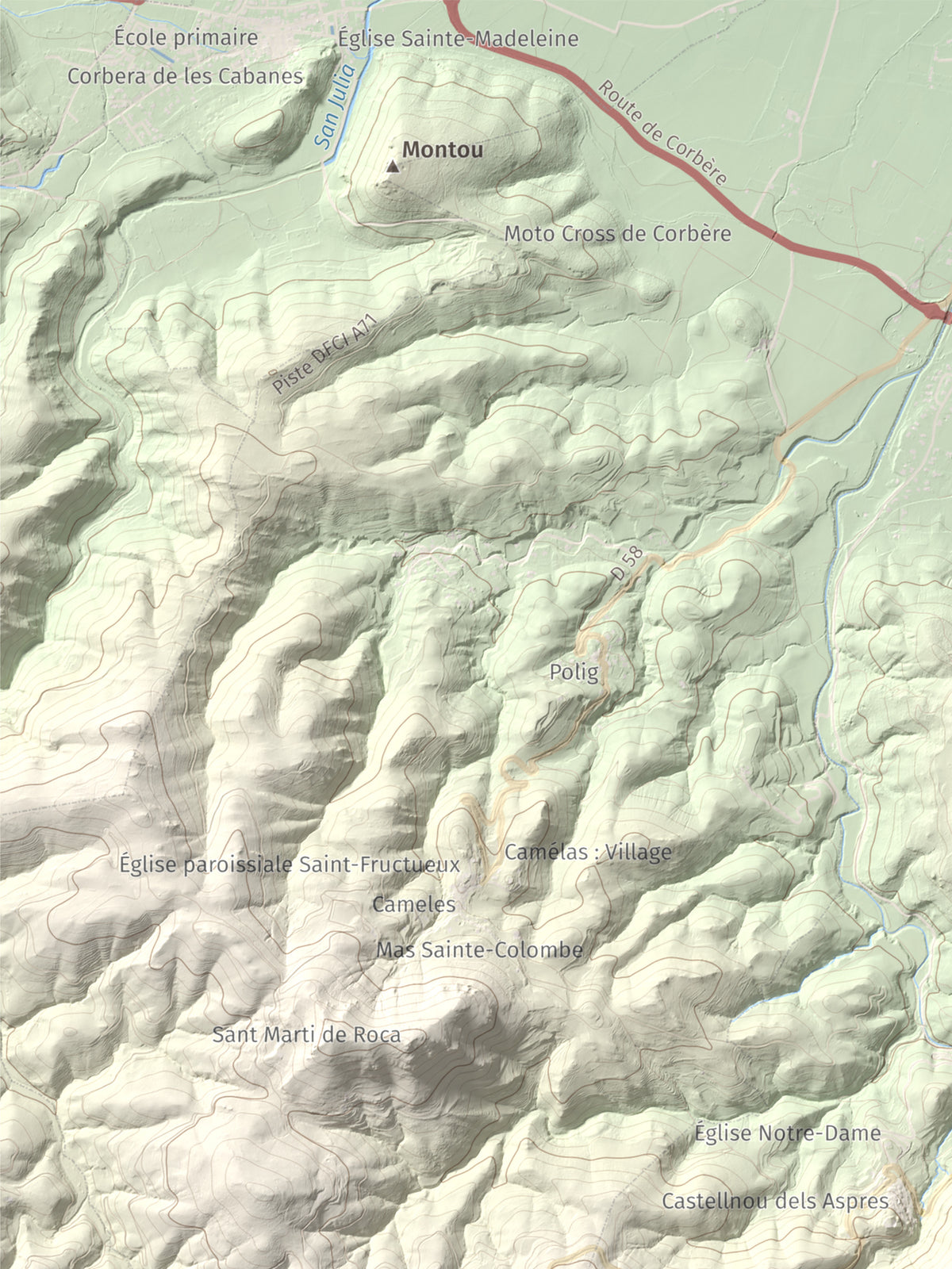 Mapa de relieve de Roc de Mallorca, 443 m, Rosselló, lámina 100 Cims de Trobart. Detalle de la zona superior izquierda. 30 × 40 cm.