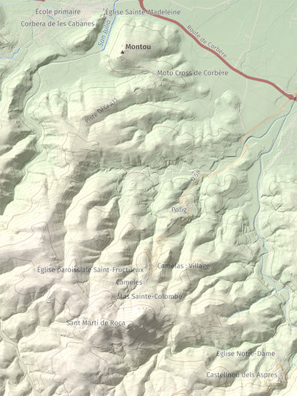 Mapa de relieve de Roc de Mallorca, 443 m, Rosselló, lámina 100 Cims de Trobart. Detalle de la zona superior izquierda. 30 × 40 cm.