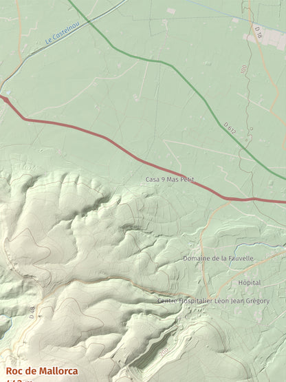 Mapa de relieve de Roc de Mallorca, 443 m, Rosselló, lámina 100 Cims de Trobart. Detalle de la zona superior derecha. 30 × 40 cm.