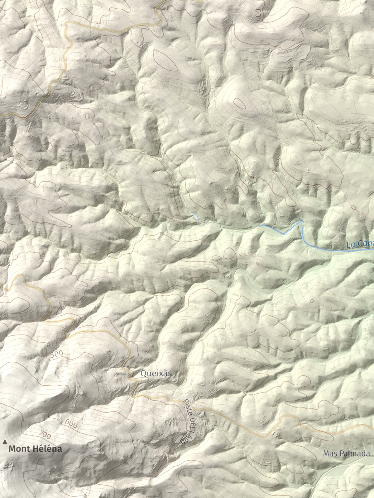 Mapa de relieve de Roc de Mallorca, 443 m, Rosselló, lámina 100 Cims de Trobart. Detalle de la zona inferior izquierda. 30 × 40 cm.