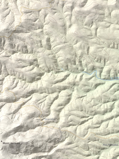 Mapa de relieve de Roc de Mallorca, 443 m, Rosselló, lámina 100 Cims de Trobart. Detalle de la zona inferior izquierda. 30 × 40 cm.