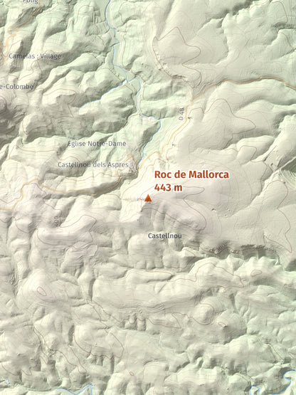 Mapa de relieve de Roc de Mallorca, 443 m, Rosselló, lámina 100 Cims de Trobart. Detalle de la zona central. 30 × 40 cm.