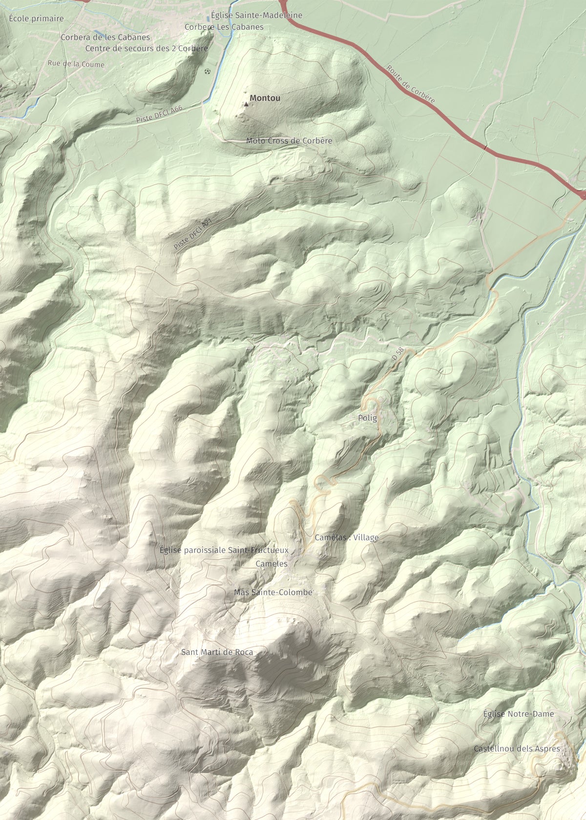 Mapa de relieve de Roc de Mallorca, 443 m, Rosselló, lámina 100 Cims de Trobart. Detalle de la zona superior izquierda. 50 × 70 cm.