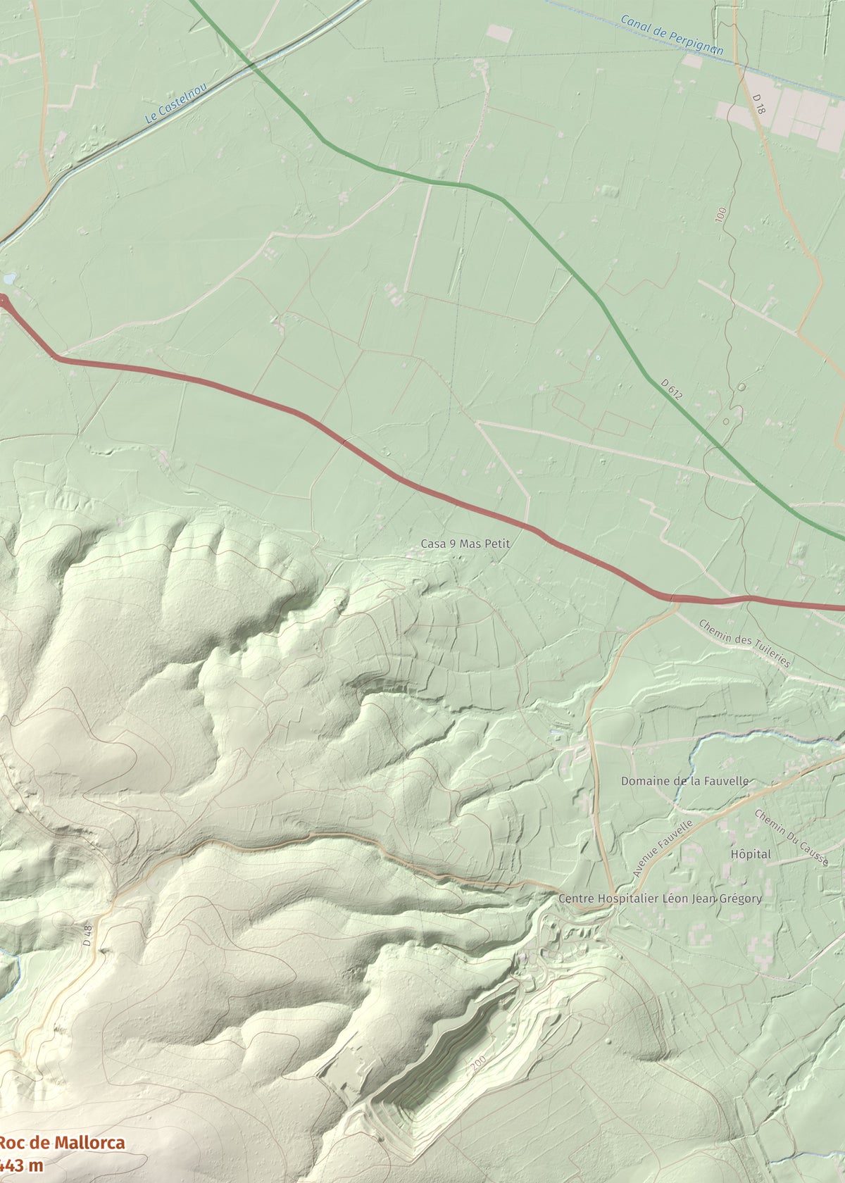 Mapa de relieve de Roc de Mallorca, 443 m, Rosselló, lámina 100 Cims de Trobart. Detalle de la zona superior derecha. 50 × 70 cm.