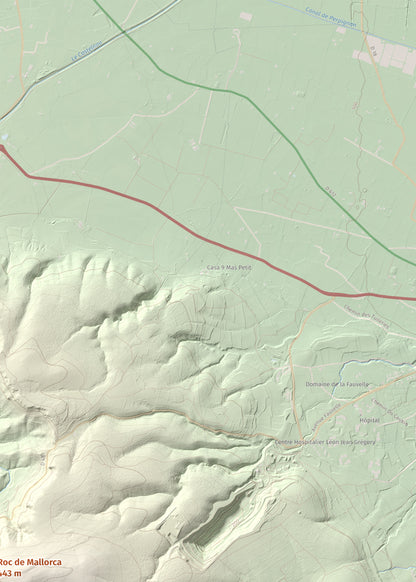 Mapa de relieve de Roc de Mallorca, 443 m, Rosselló, lámina 100 Cims de Trobart. Detalle de la zona superior derecha. 50 × 70 cm.
