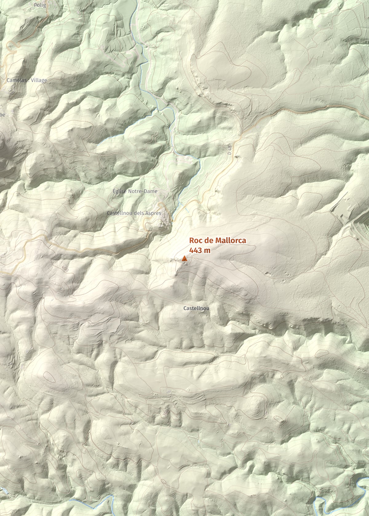Mapa de relieve de Roc de Mallorca, 443 m, Rosselló, lámina 100 Cims de Trobart. Detalle de la zona central. 50 × 70 cm.