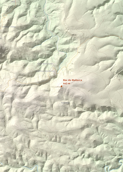 Mapa de relieve de Roc de Mallorca, 443 m, Rosselló, lámina 100 Cims de Trobart. Detalle de la zona central. 50 × 70 cm.