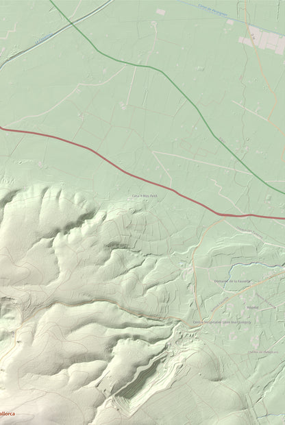 Mapa de relieve de Roc de Mallorca, 443 m, Rosselló, lámina 100 Cims de Trobart. Detalle de la zona superior derecha. 61 × 91 cm.