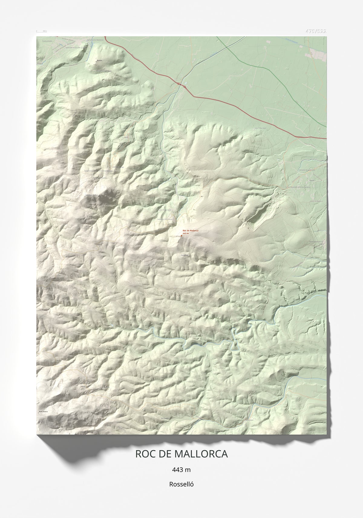 Mapa de relieve de Roc de Mallorca, 443 m, Rosselló, lámina 100 Cims de Trobart 70 × 100 cm.