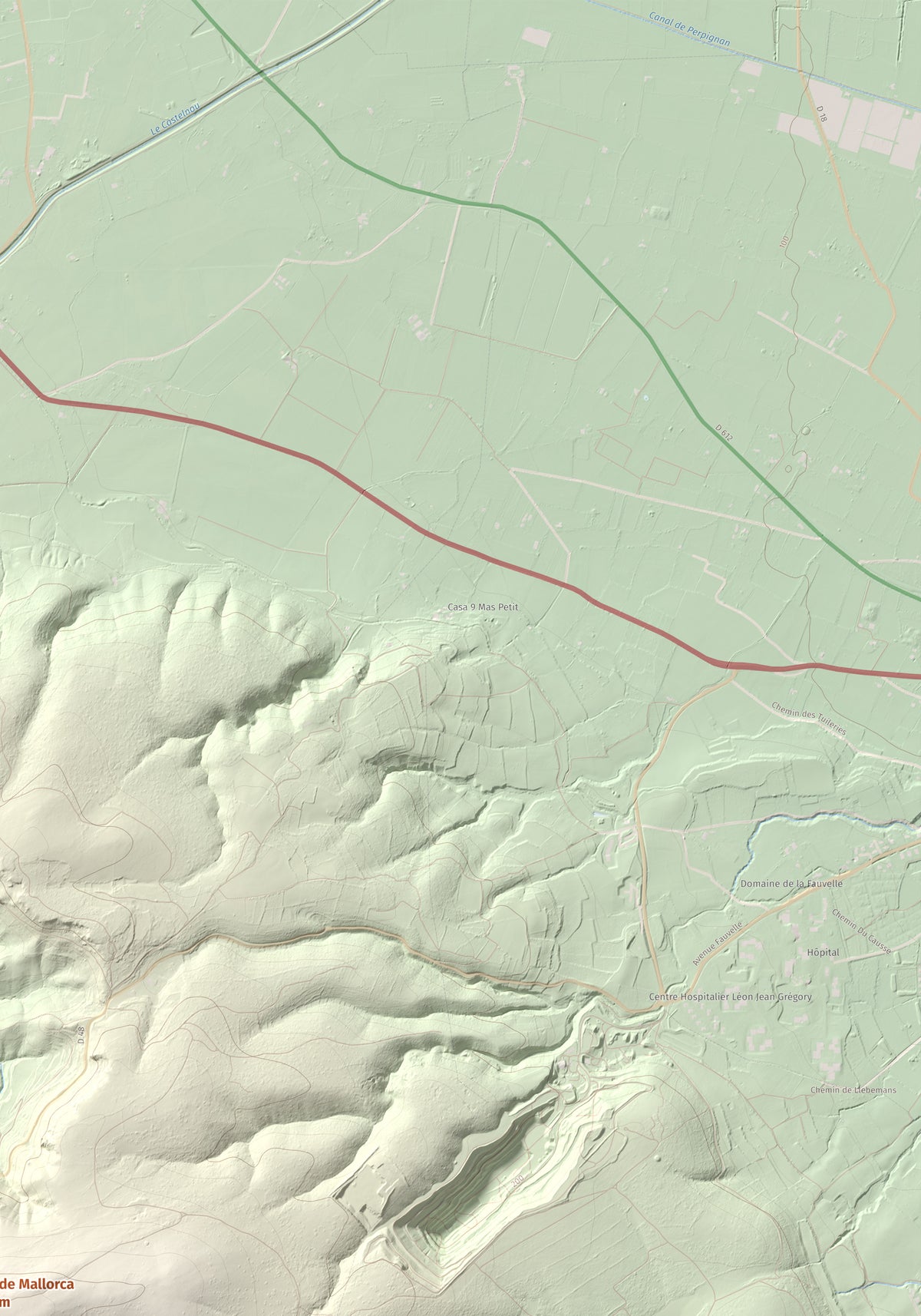 Mapa de relieve de Roc de Mallorca, 443 m, Rosselló, lámina 100 Cims de Trobart. Detalle de la zona superior derecha. 70 × 100 cm.