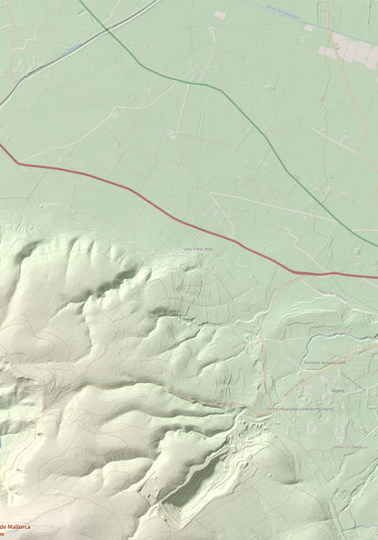 Mapa de relieve de Roc de Mallorca, 443 m, Rosselló, lámina 100 Cims de Trobart. Detalle de la zona superior derecha. 70 × 100 cm.