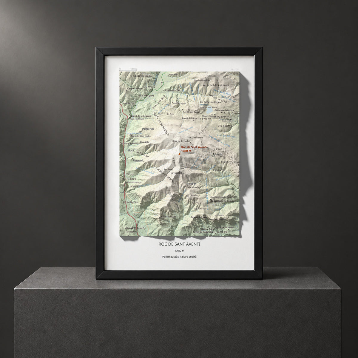Mapa de relieve de Roc de Sant Aventí, 1480 m, Pallars Jussà · Pallars Sobirà, lámina 100 Cims de Trobart. Presentación enmarcada. 21 × 30 cm.