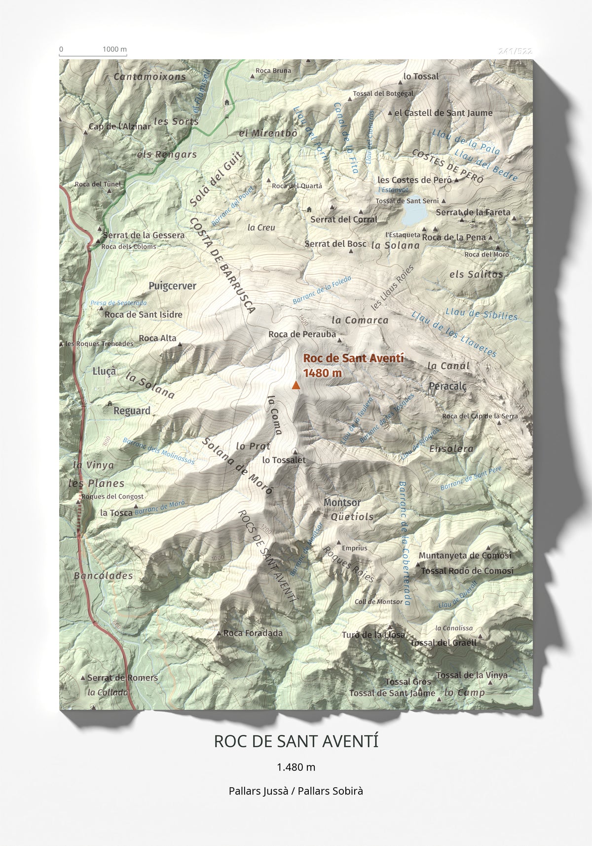 Mapa de relieve de Roc de Sant Aventí, 1480 m, Pallars Jussà · Pallars Sobirà, lámina 100 Cims de Trobart 21 × 30 cm.