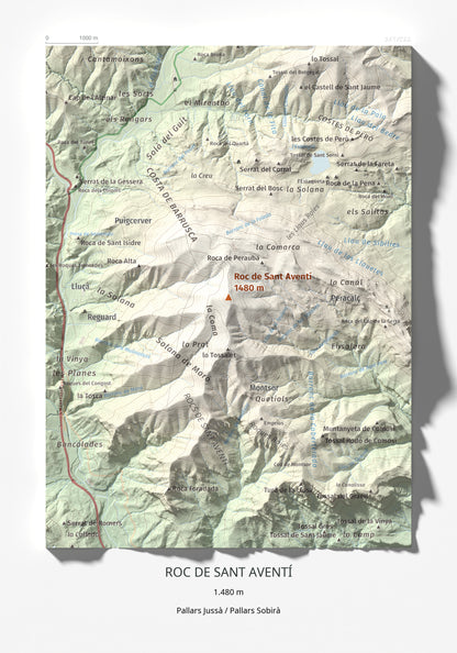 Mapa de relieve de Roc de Sant Aventí, 1480 m, Pallars Jussà · Pallars Sobirà, lámina 100 Cims de Trobart 21 × 30 cm.