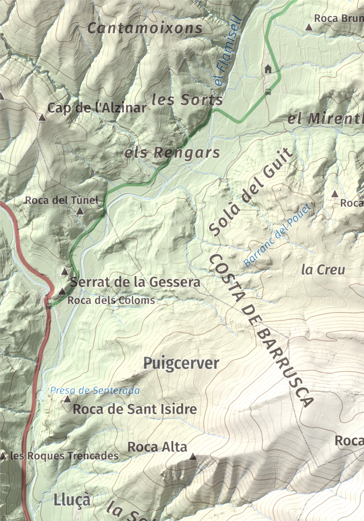 Mapa de relieve de Roc de Sant Aventí, 1480 m, Pallars Jussà · Pallars Sobirà, lámina 100 Cims de Trobart. Detalle de la zona superior izquierda. 21 × 30 cm.