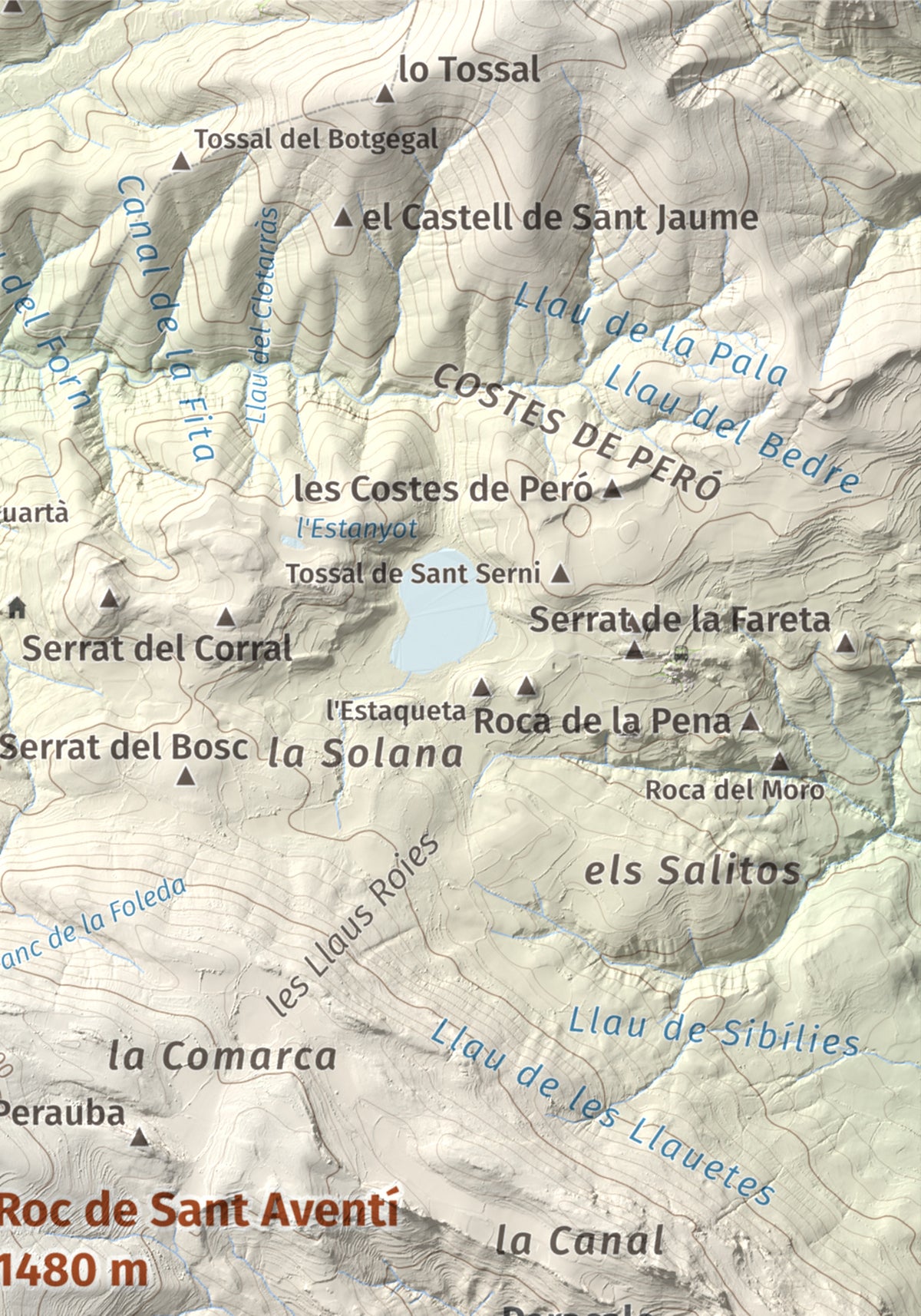 Mapa de relieve de Roc de Sant Aventí, 1480 m, Pallars Jussà · Pallars Sobirà, lámina 100 Cims de Trobart. Detalle de la zona superior derecha. 21 × 30 cm.