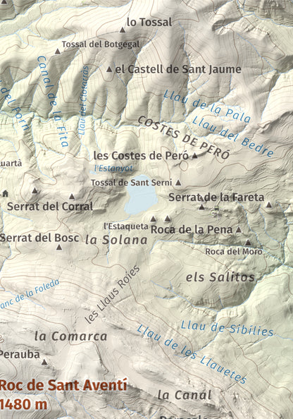 Mapa de relieve de Roc de Sant Aventí, 1480 m, Pallars Jussà · Pallars Sobirà, lámina 100 Cims de Trobart. Detalle de la zona superior derecha. 21 × 30 cm.