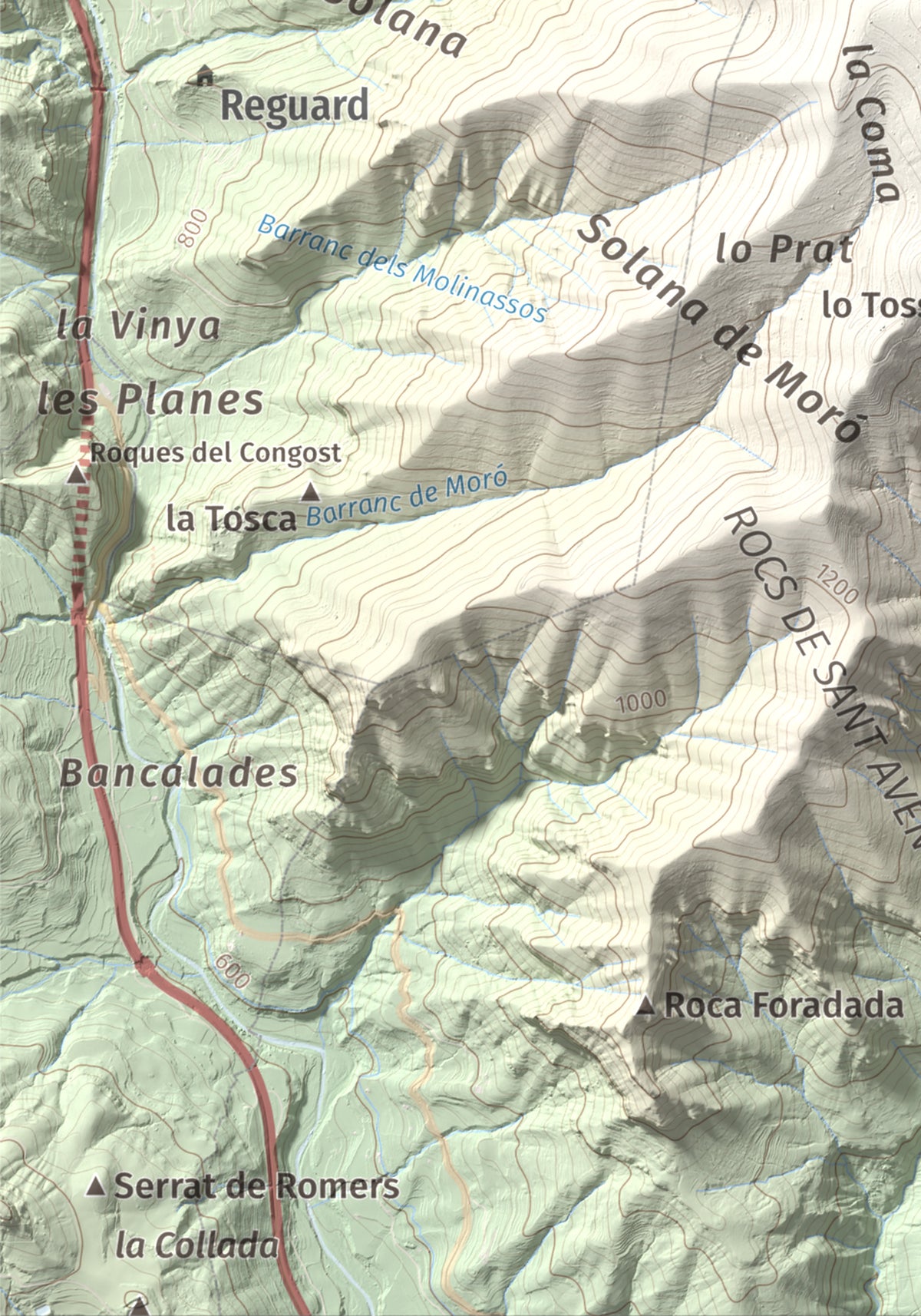 Mapa de relieve de Roc de Sant Aventí, 1480 m, Pallars Jussà · Pallars Sobirà, lámina 100 Cims de Trobart. Detalle de la zona inferior izquierda. 21 × 30 cm.