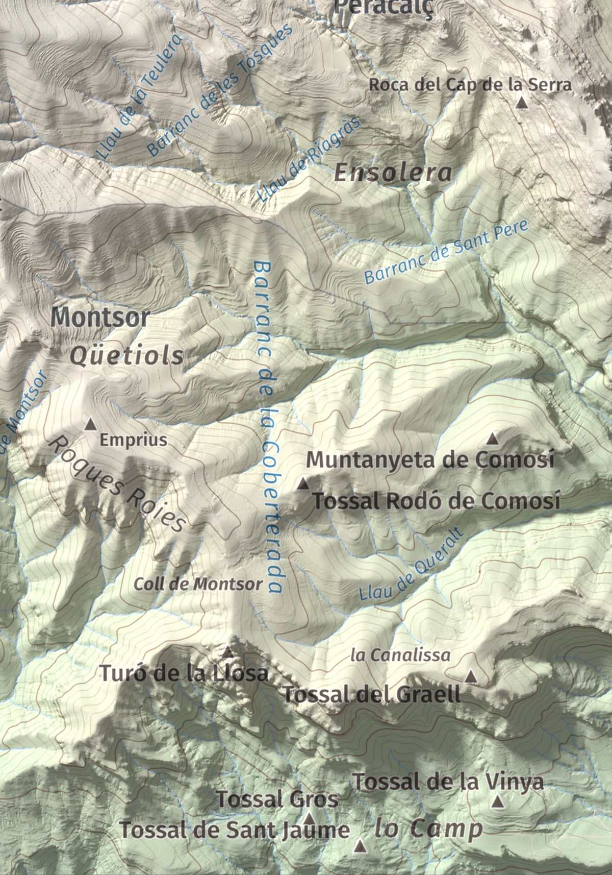 Mapa de relieve de Roc de Sant Aventí, 1480 m, Pallars Jussà · Pallars Sobirà, lámina 100 Cims de Trobart. Detalle de la zona inferior derecha. 21 × 30 cm.