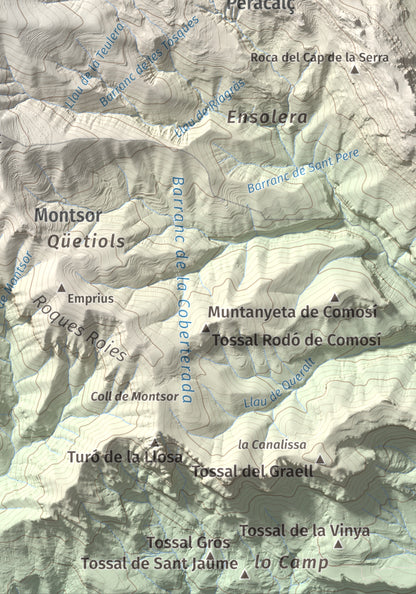 Mapa de relieve de Roc de Sant Aventí, 1480 m, Pallars Jussà · Pallars Sobirà, lámina 100 Cims de Trobart. Detalle de la zona inferior derecha. 21 × 30 cm.