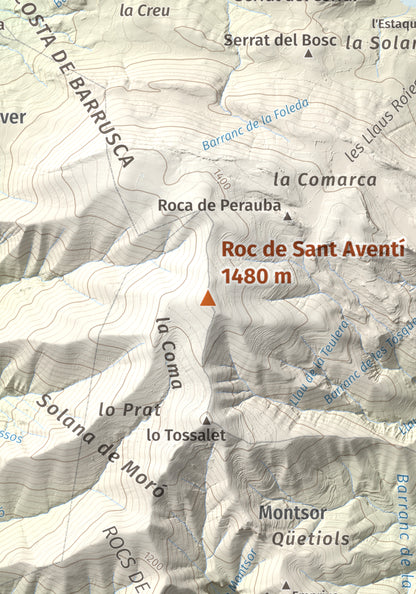 Mapa de relieve de Roc de Sant Aventí, 1480 m, Pallars Jussà · Pallars Sobirà, lámina 100 Cims de Trobart. Detalle de la zona central. 21 × 30 cm.