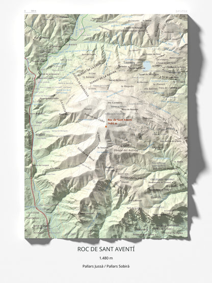 Mapa de relieve de Roc de Sant Aventí, 1480 m, Pallars Jussà · Pallars Sobirà, lámina 100 Cims de Trobart 30 × 40 cm.