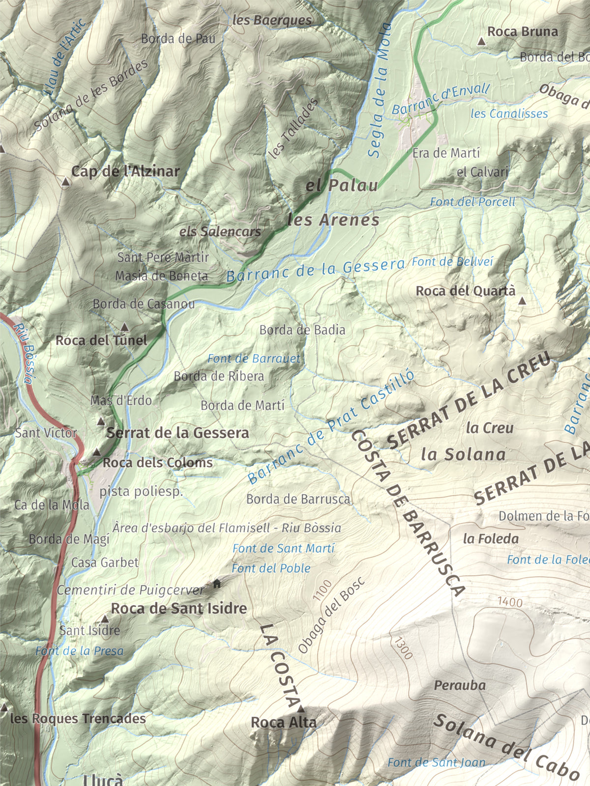 Mapa de relieve de Roc de Sant Aventí, 1480 m, Pallars Jussà · Pallars Sobirà, lámina 100 Cims de Trobart. Detalle de la zona superior izquierda. 30 × 40 cm.