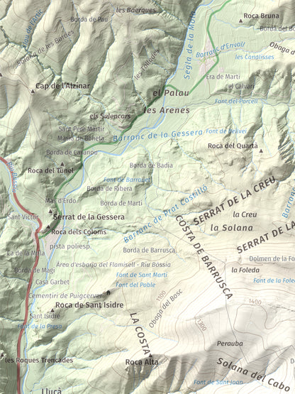 Mapa de relieve de Roc de Sant Aventí, 1480 m, Pallars Jussà · Pallars Sobirà, lámina 100 Cims de Trobart. Detalle de la zona superior izquierda. 30 × 40 cm.
