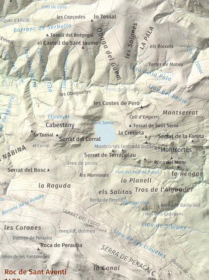 Mapa de relieve de Roc de Sant Aventí, 1480 m, Pallars Jussà · Pallars Sobirà, lámina 100 Cims de Trobart. Detalle de la zona superior derecha. 30 × 40 cm.