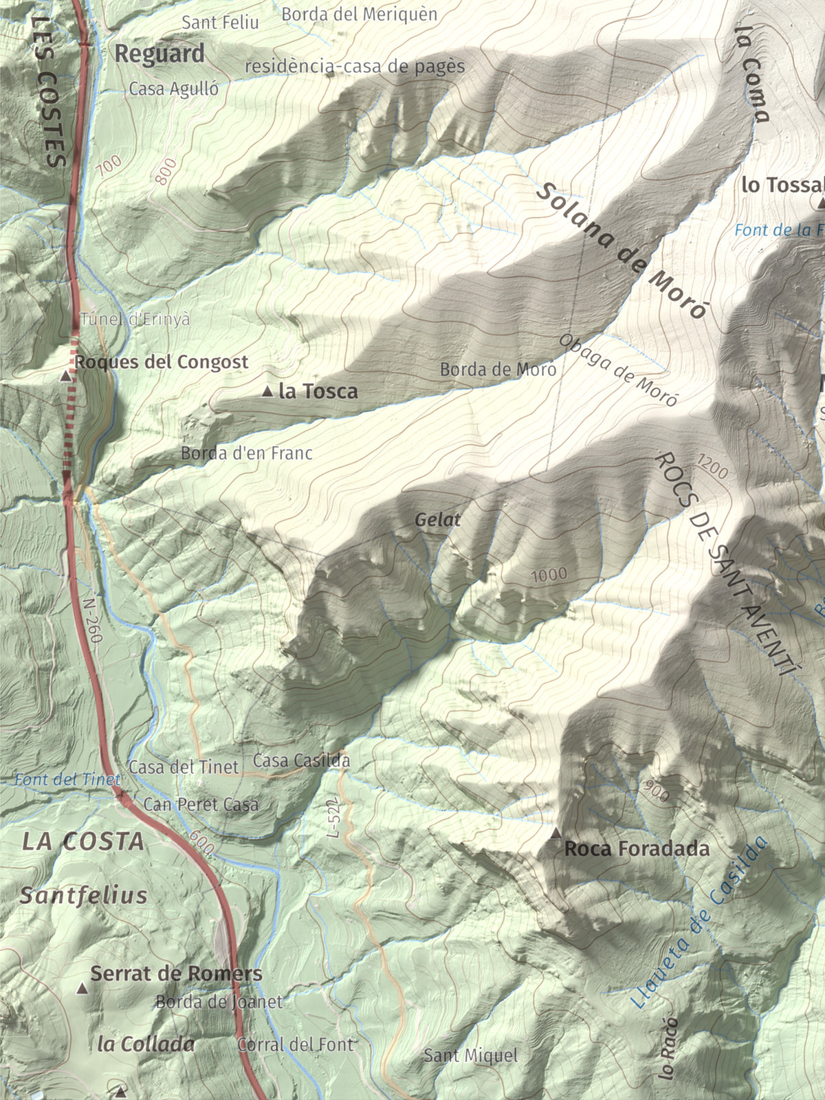 Mapa de relieve de Roc de Sant Aventí, 1480 m, Pallars Jussà · Pallars Sobirà, lámina 100 Cims de Trobart. Detalle de la zona inferior izquierda. 30 × 40 cm.