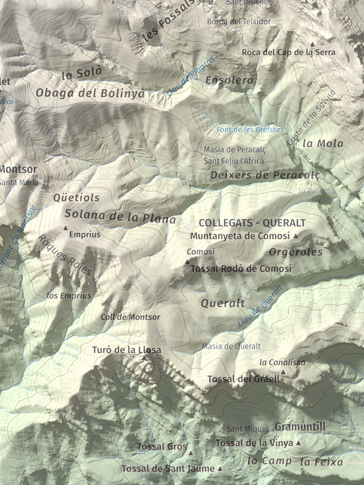 Mapa de relieve de Roc de Sant Aventí, 1480 m, Pallars Jussà · Pallars Sobirà, lámina 100 Cims de Trobart. Detalle de la zona inferior derecha. 30 × 40 cm.