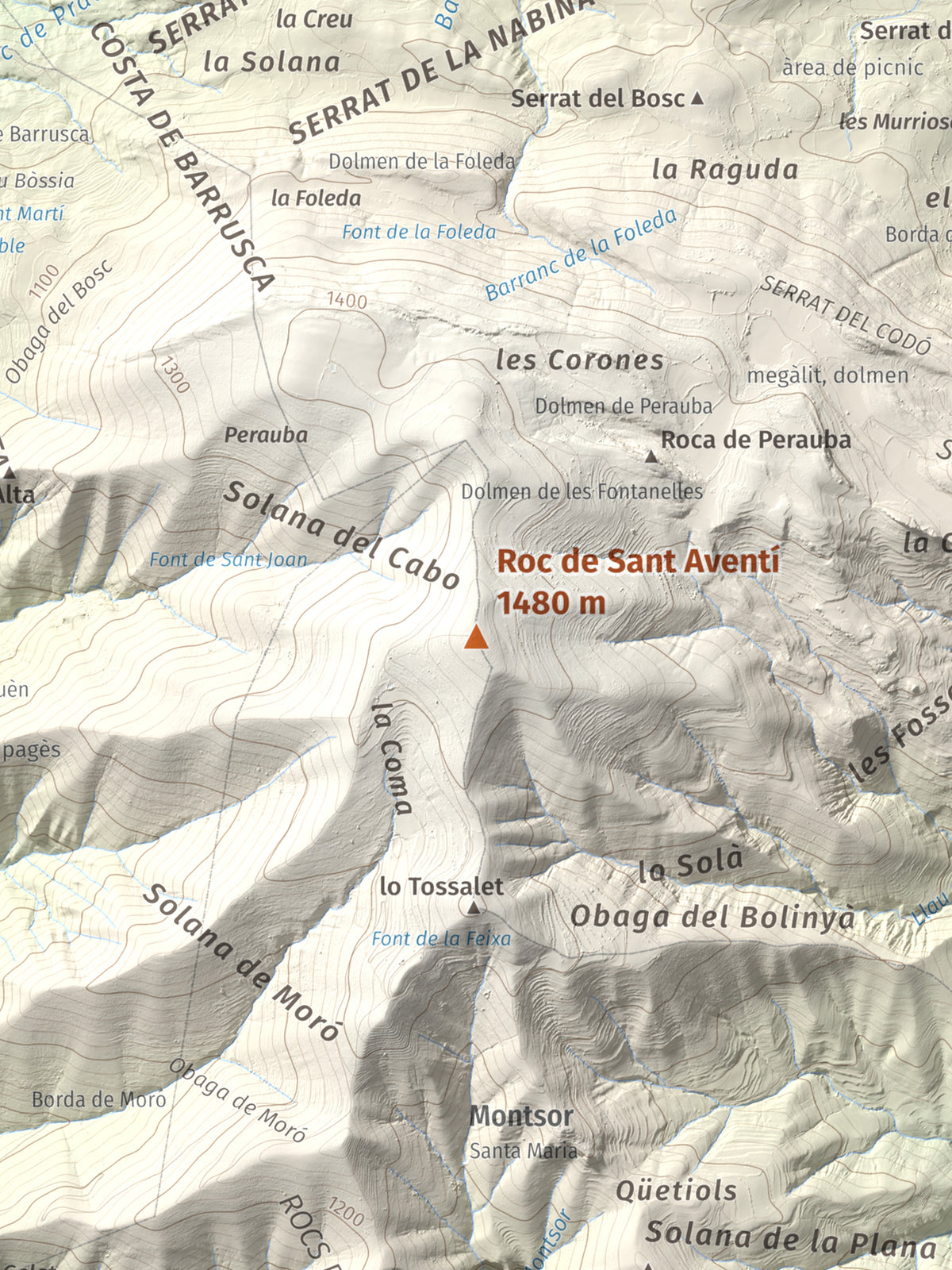 Mapa de relieve de Roc de Sant Aventí, 1480 m, Pallars Jussà · Pallars Sobirà, lámina 100 Cims de Trobart. Detalle de la zona central. 30 × 40 cm.