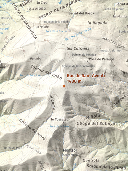 Mapa de relieve de Roc de Sant Aventí, 1480 m, Pallars Jussà · Pallars Sobirà, lámina 100 Cims de Trobart. Detalle de la zona central. 30 × 40 cm.