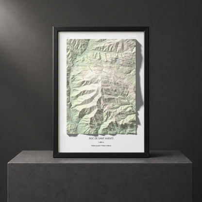 Mapa de relieve de Roc de Sant Aventí, 1480 m, Pallars Jussà · Pallars Sobirà, lámina 100 Cims de Trobart. Presentación enmarcada. 50 × 70 cm.