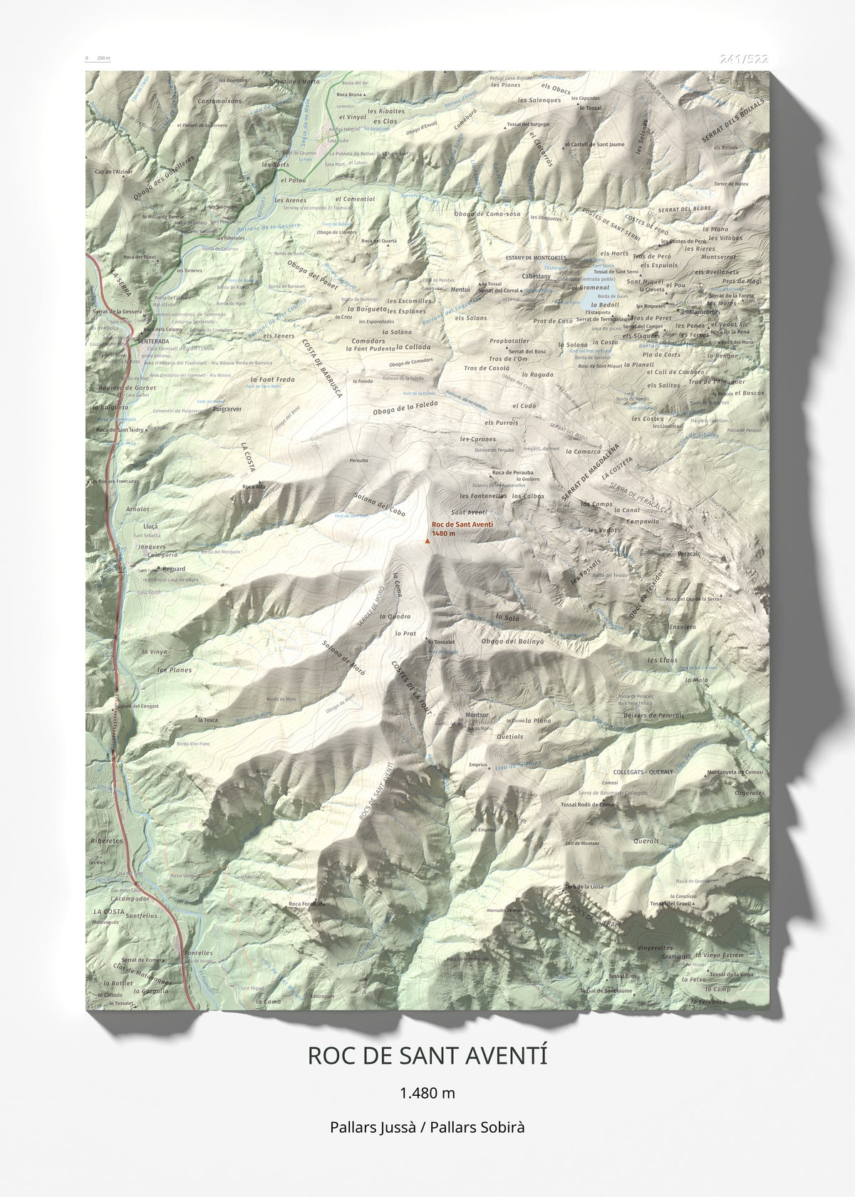 Mapa de relieve de Roc de Sant Aventí, 1480 m, Pallars Jussà · Pallars Sobirà, lámina 100 Cims de Trobart 50 × 70 cm.