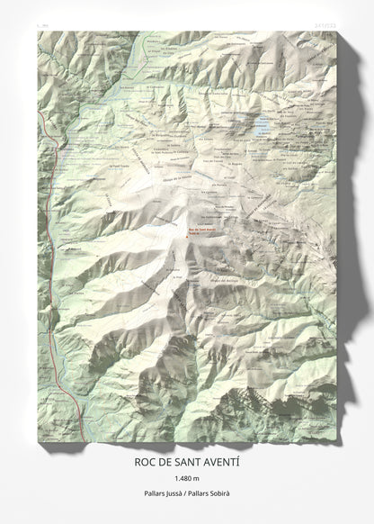 Mapa de relieve de Roc de Sant Aventí, 1480 m, Pallars Jussà · Pallars Sobirà, lámina 100 Cims de Trobart 50 × 70 cm.