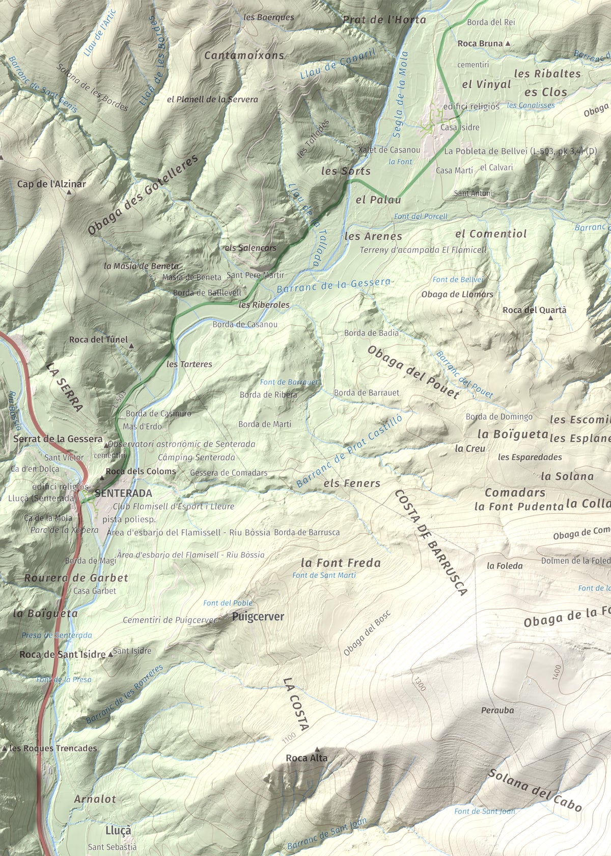 Mapa de relieve de Roc de Sant Aventí, 1480 m, Pallars Jussà · Pallars Sobirà, lámina 100 Cims de Trobart. Detalle de la zona superior izquierda. 50 × 70 cm.