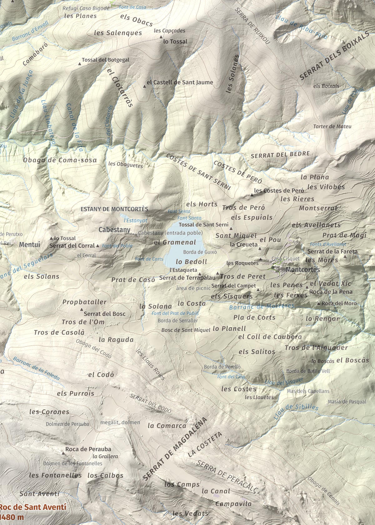 Mapa de relieve de Roc de Sant Aventí, 1480 m, Pallars Jussà · Pallars Sobirà, lámina 100 Cims de Trobart. Detalle de la zona superior derecha. 50 × 70 cm.