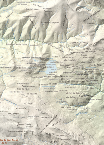Mapa de relieve de Roc de Sant Aventí, 1480 m, Pallars Jussà · Pallars Sobirà, lámina 100 Cims de Trobart. Detalle de la zona superior derecha. 50 × 70 cm.