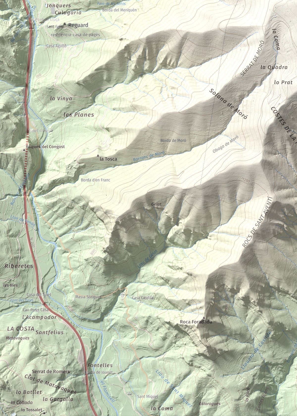Mapa de relieve de Roc de Sant Aventí, 1480 m, Pallars Jussà · Pallars Sobirà, lámina 100 Cims de Trobart. Detalle de la zona inferior izquierda. 50 × 70 cm.