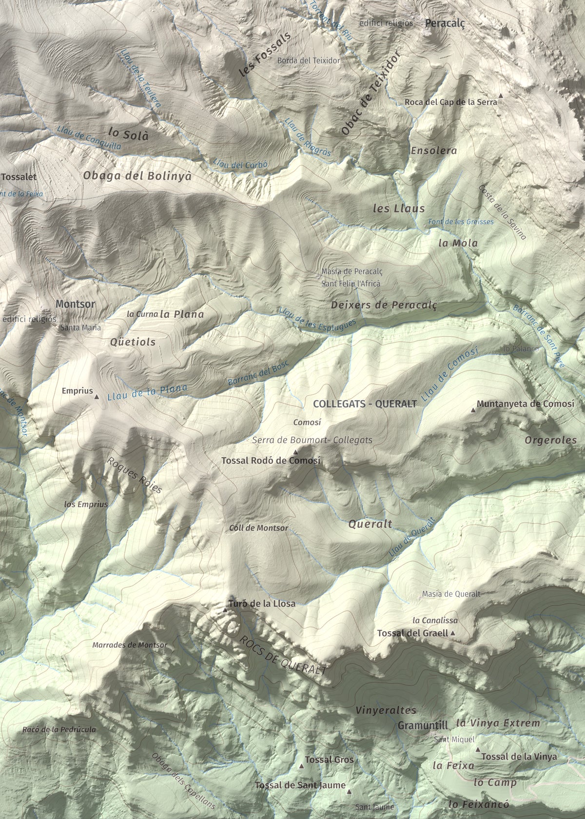 Mapa de relieve de Roc de Sant Aventí, 1480 m, Pallars Jussà · Pallars Sobirà, lámina 100 Cims de Trobart. Detalle de la zona inferior derecha. 50 × 70 cm.