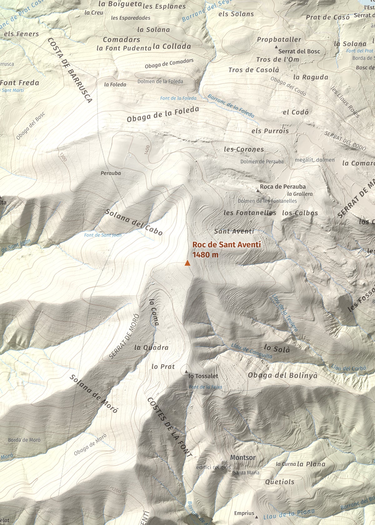 Mapa de relieve de Roc de Sant Aventí, 1480 m, Pallars Jussà · Pallars Sobirà, lámina 100 Cims de Trobart. Detalle de la zona central. 50 × 70 cm.
