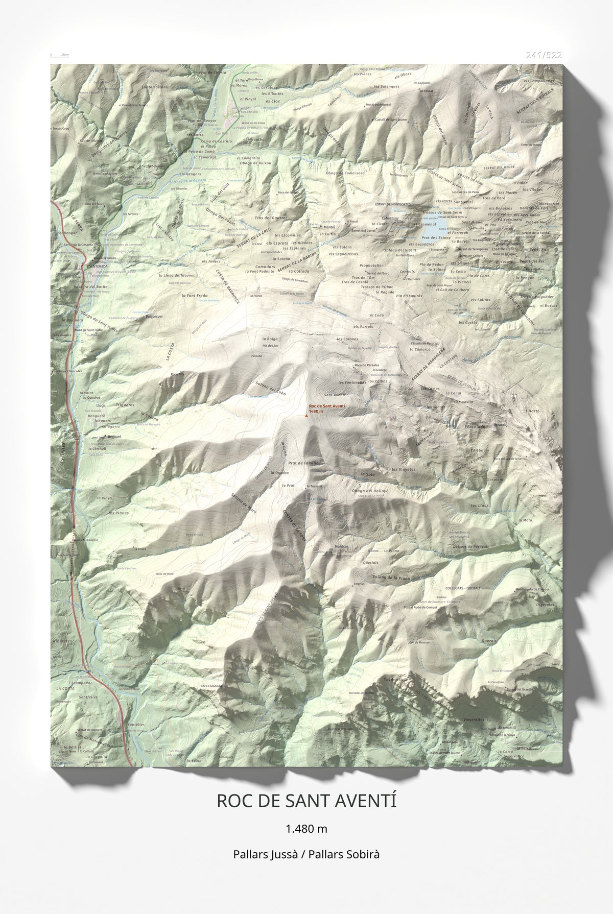 Mapa de relieve de Roc de Sant Aventí, 1480 m, Pallars Jussà · Pallars Sobirà, lámina 100 Cims de Trobart 61 × 91 cm.