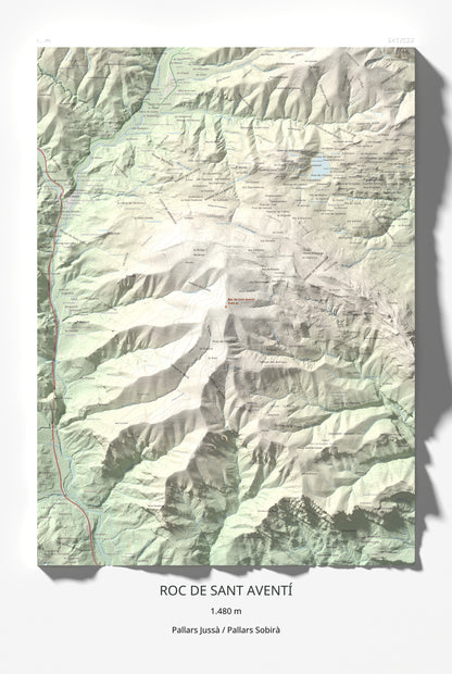 Mapa de relieve de Roc de Sant Aventí, 1480 m, Pallars Jussà · Pallars Sobirà, lámina 100 Cims de Trobart 61 × 91 cm.