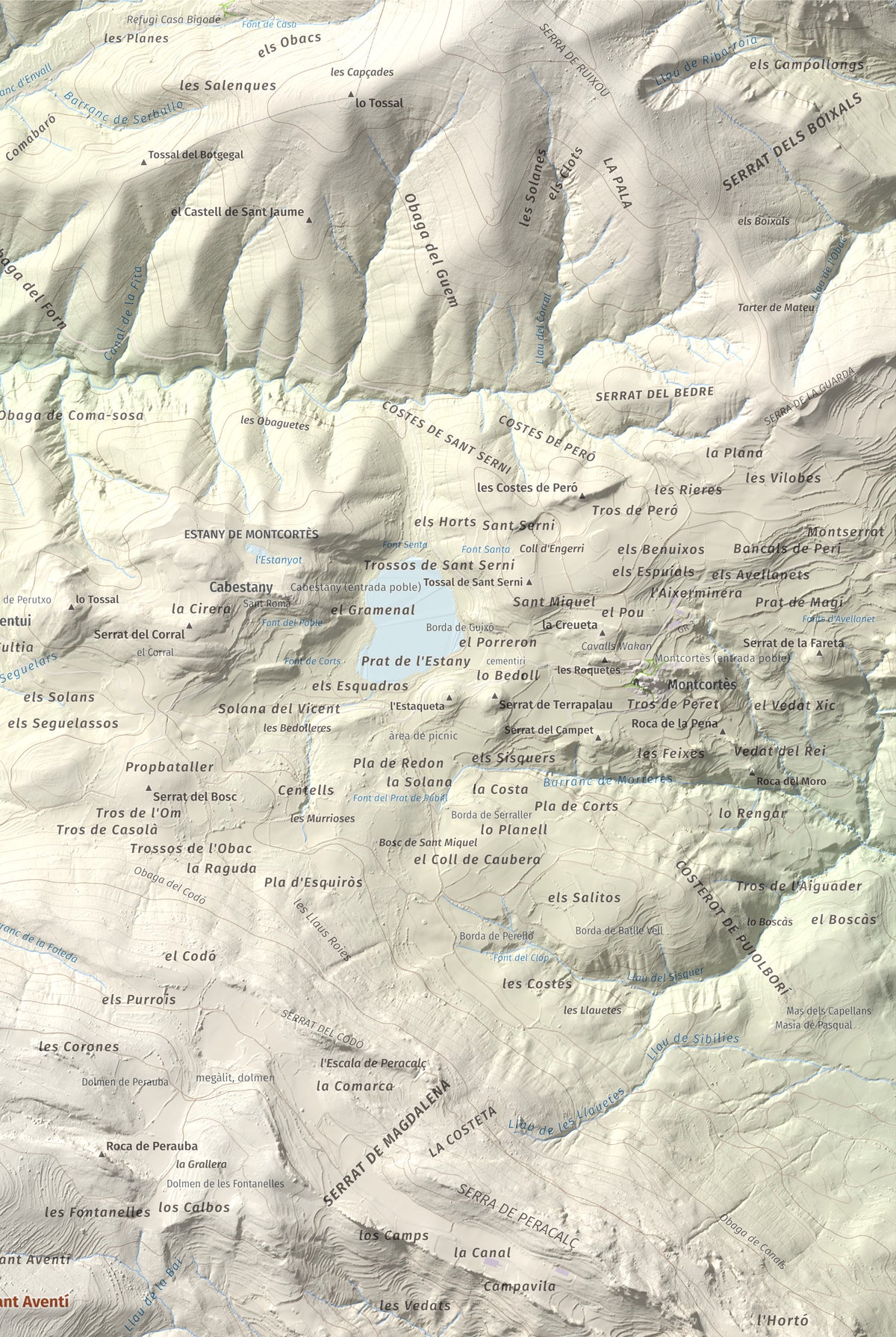 Mapa de relieve de Roc de Sant Aventí, 1480 m, Pallars Jussà · Pallars Sobirà, lámina 100 Cims de Trobart. Detalle de la zona superior derecha. 61 × 91 cm.