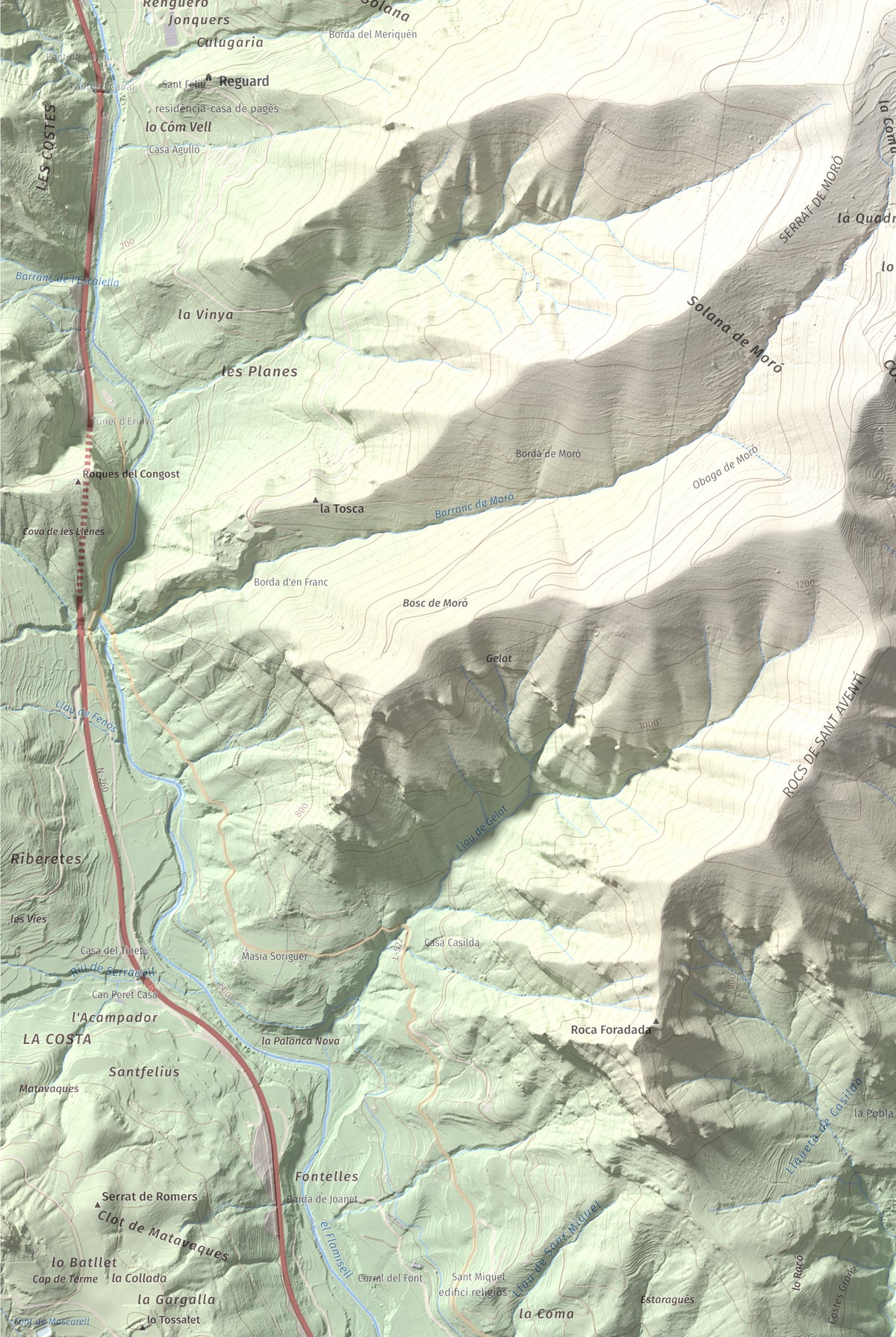 Mapa de relieve de Roc de Sant Aventí, 1480 m, Pallars Jussà · Pallars Sobirà, lámina 100 Cims de Trobart. Detalle de la zona inferior izquierda. 61 × 91 cm.