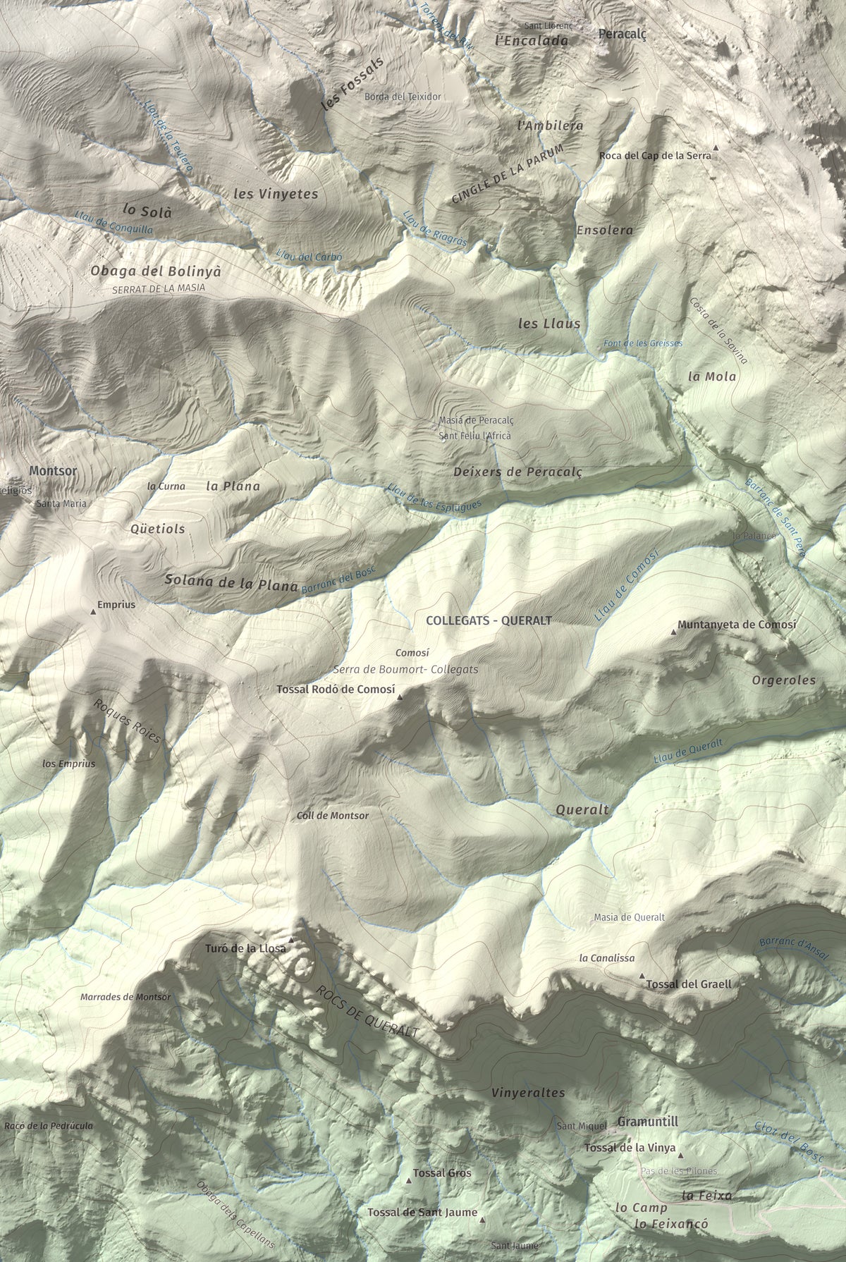 Mapa de relieve de Roc de Sant Aventí, 1480 m, Pallars Jussà · Pallars Sobirà, lámina 100 Cims de Trobart. Detalle de la zona inferior derecha. 61 × 91 cm.